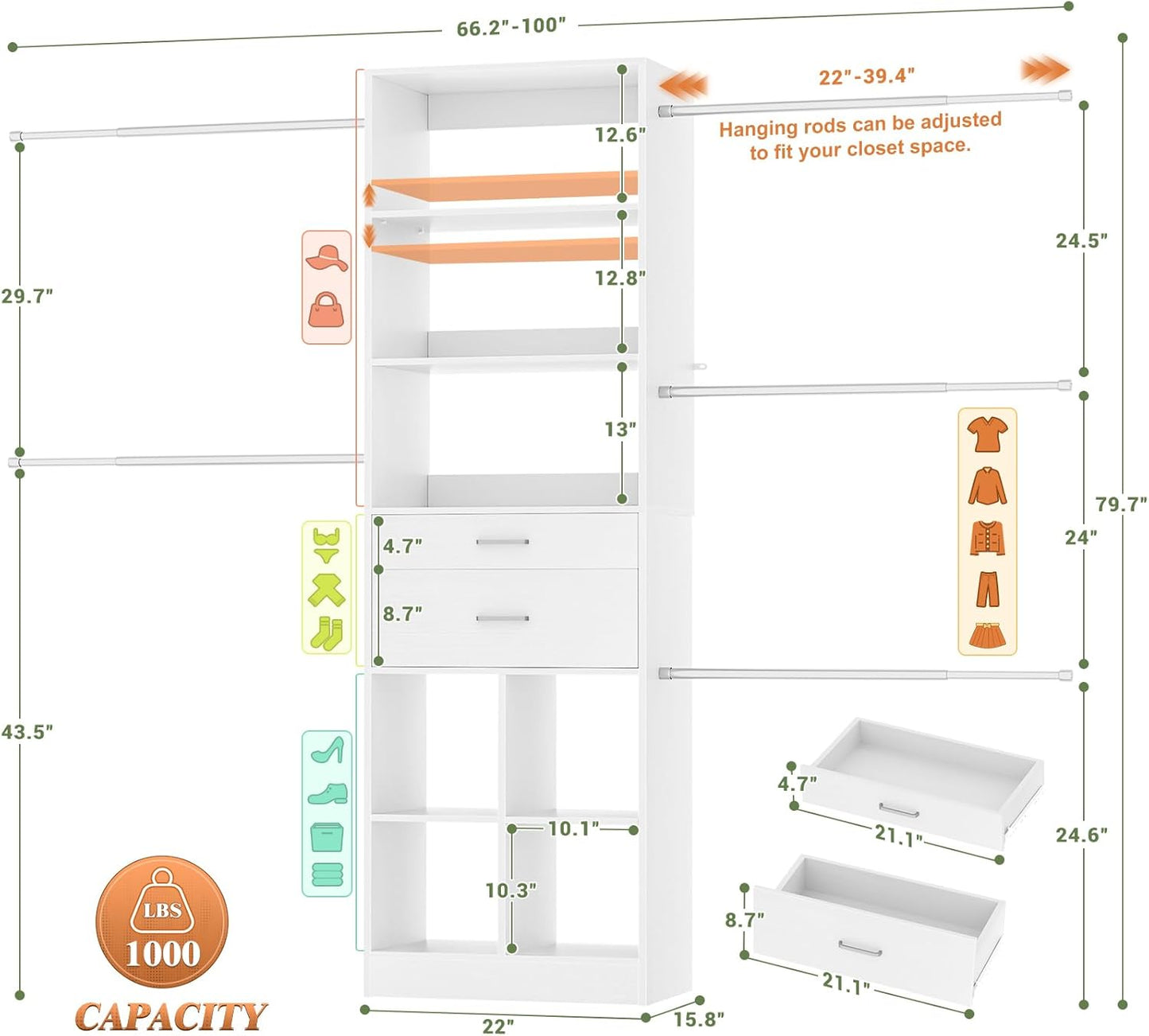 Closet System, 4-8 FT Closet Organizer Tower with 2 Wooden Drawers and Shelves, Can Fit 60 to 96 inch Walk-in Closet System with 5 Hanging Rods, Built-in, White