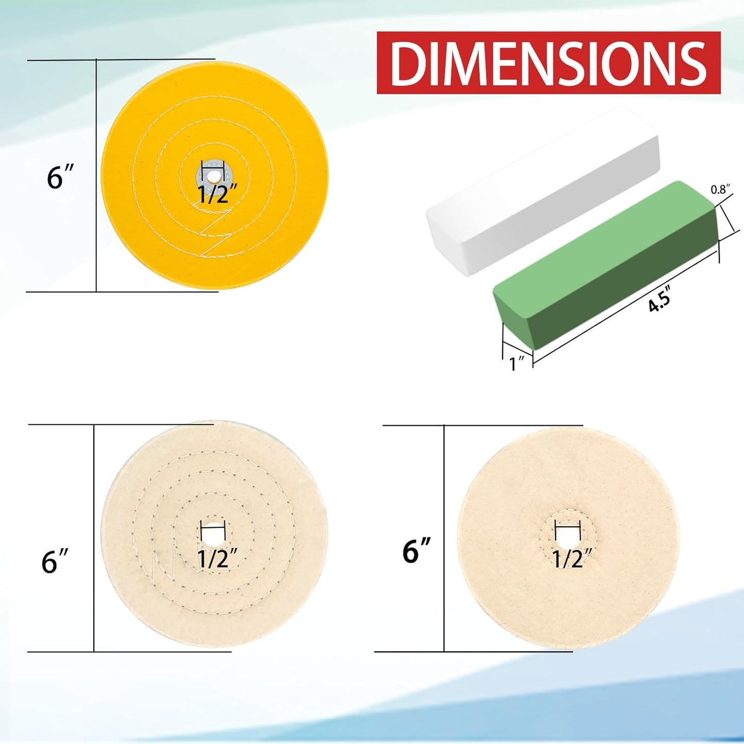 6PCS 6 Inch Polishing Wheel Kit for Bench Grinder Buffing Wheel, 1 *Yellow Cotton(42Ply), 2 *White Cotton(70Ply), 1 *Soft Flannel Polishing Wheels(30Ply) and Polishing Compound Kit