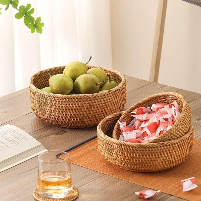 Rattan Bread Basket, Hand Woven Fruit Basket, Wicker Serving Basket Bowl, Decorative Baskets for Kitchen Counter Organizing, Set of 3 (Round)