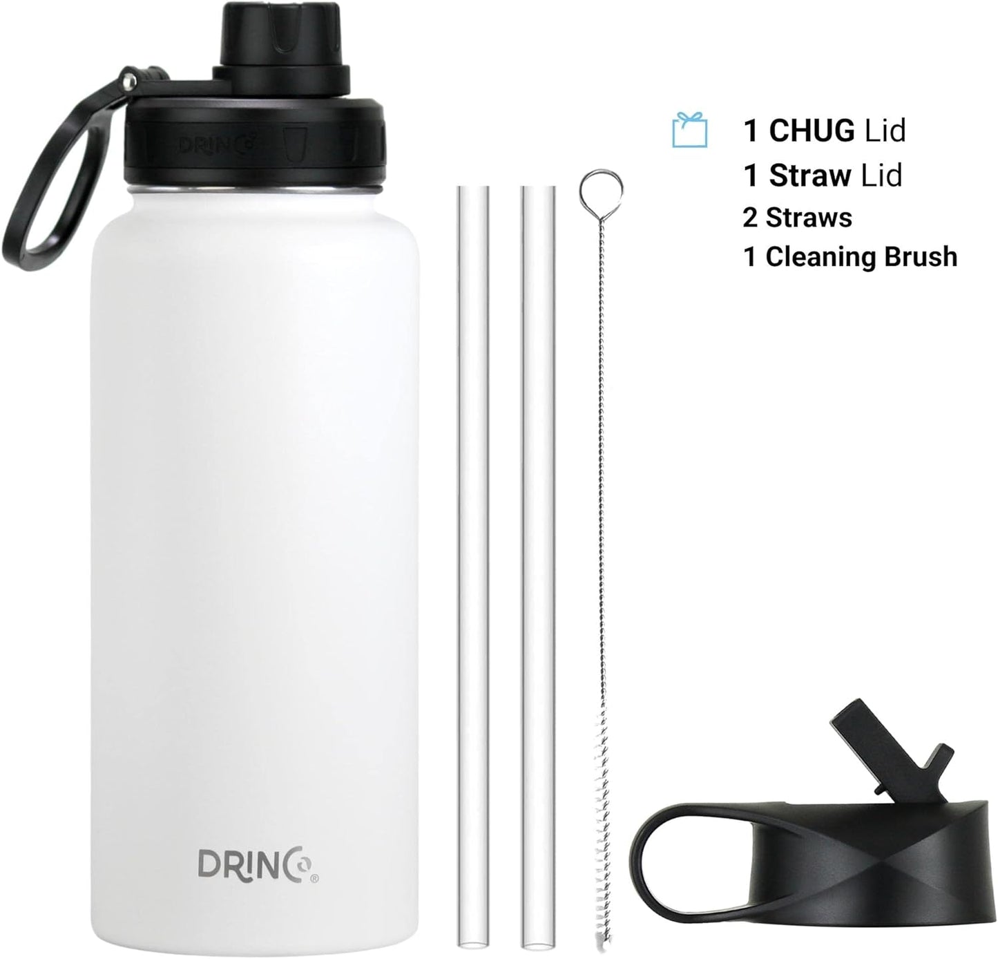 DRINCO Stainless Steel Water Bottle Spout Lid Vacuum Insulated Double Wall Water Bottle Wide Mouth (40oz 32oz 22oz 18oz 14oz) Leak Proof Keeps Cold or Hot (32 oz, 32oz Artic White)