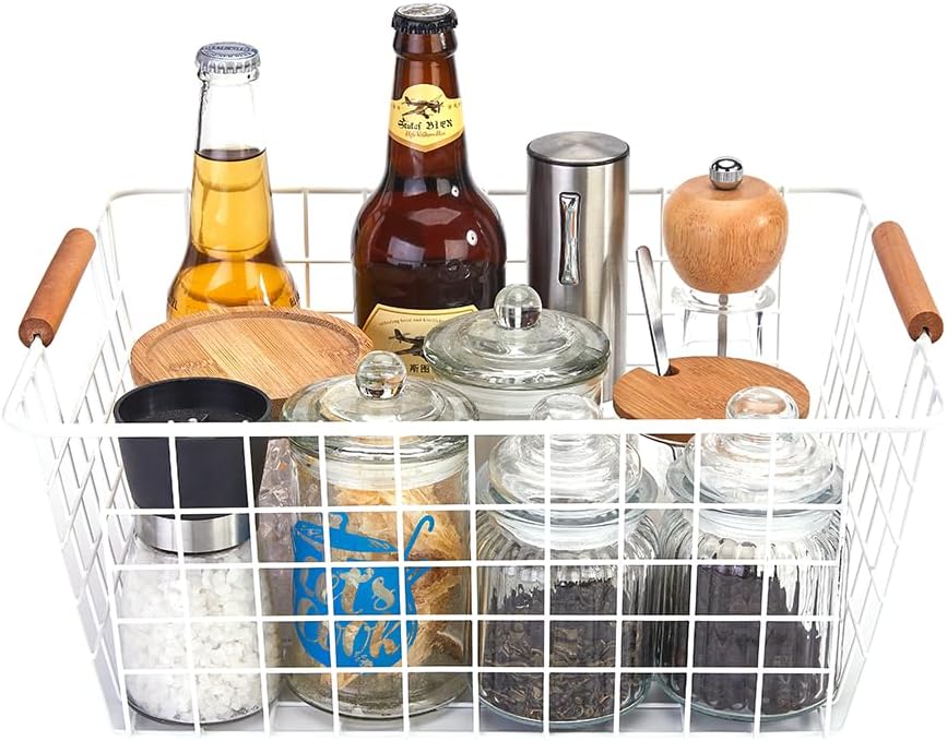 LeleCAT Large white wire baskets with Wooden Handles for storage pantry, Storage Organizer Baskets, Household Refrigerator for Cabinets, Closets, Bedrooms, kitchen - Set of 3 White