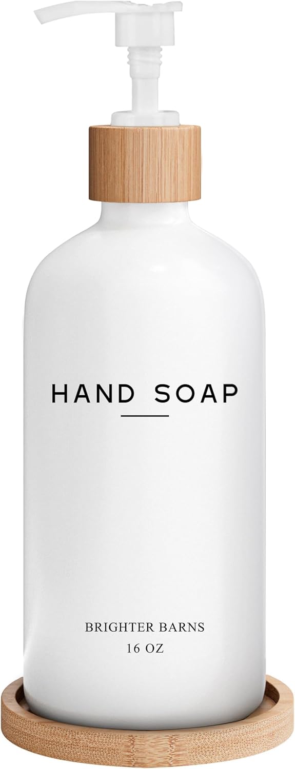 White Glass Hand Soap Dispenser Bathroom Set by Brighter Barns - Liquid Hand Soap Dispenser for Kitchen Sink - Boho Bathroom Pump Bottle Set - Minimalist Home Decor for Vacation Rental, Gifts (White)
