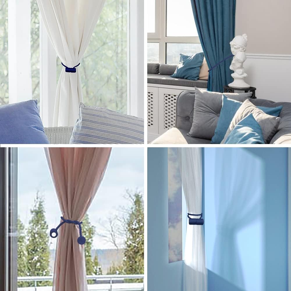 18 Inch Strong Magnetic Curtain Tiebacks, Curtain Holdbacks Modern Upgrade Strong 2021 New Twisted Style Decorative Drapery Rope Tie Backs(4 Pack Navy Blue)