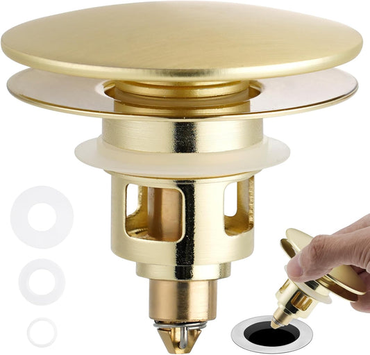Universal Bathroom Sink Drain Strainer Hair Catcher Upgraded with Removable Stainless Steel Filter Basket, 2 in 1 Pop Up Sink Stopper for 1.1''~2.36'' Sink Basin Hole, Big Cover Cap, Brushed Gold