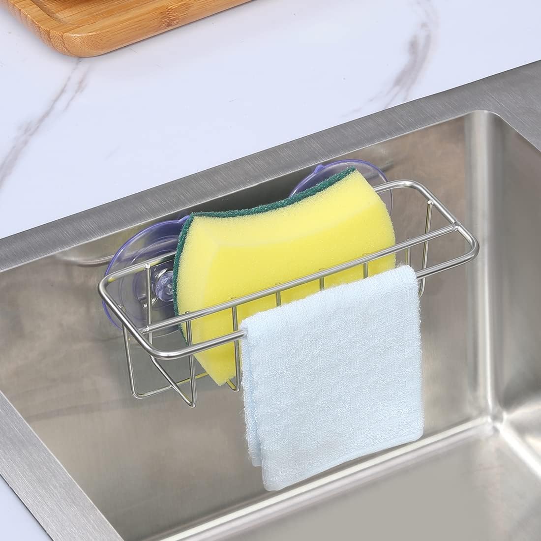 Sink Caddy Sponge Holder for Kitchen Sink Dish Cloth Hanger 2 Suspension Options(Suction Cups and Adhesive Hook), SUS304 Stainless Steel, Silver