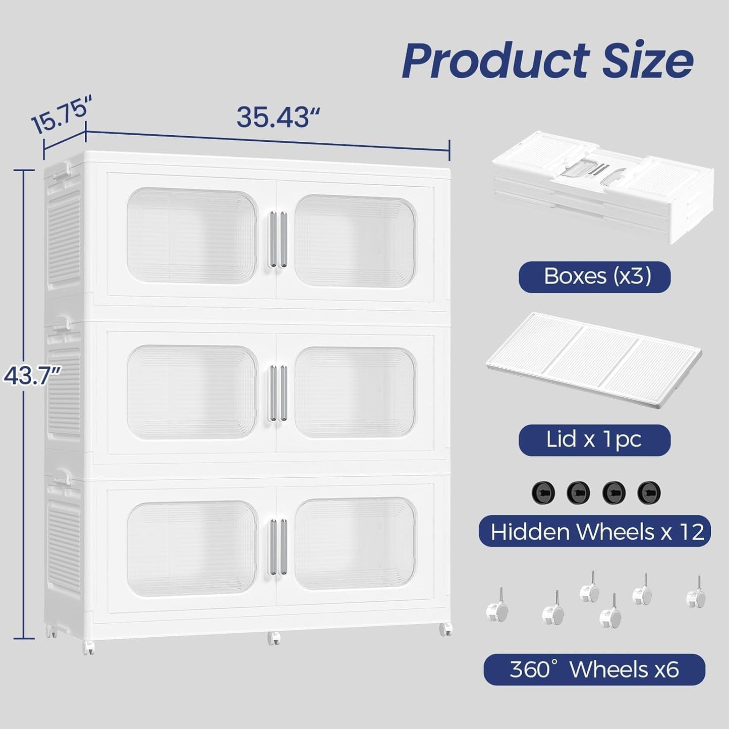 150GAL Extra Large Storage Bins with Lid, 600QT Storage Bins with Wheels, Folding Closet Organizer, Stackable Collapsible Plastic Storage Containers for Home, Office, Dorm, 3Pack White