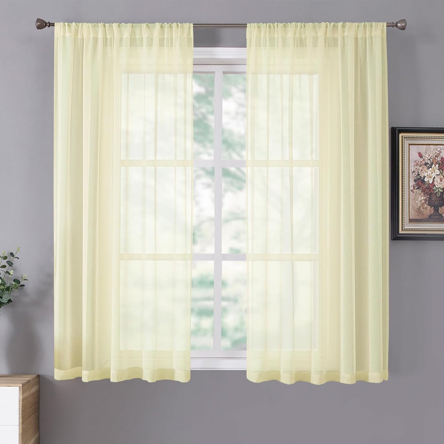 Tollpiz Short Sheer Curtain Linen Textured Bedroom Curtains Sheer Light Filtering Rod Pocket Voile Curtain for Living Room, 54 x 54 inches Long, Transparent Yellow, Set of 2 Panels