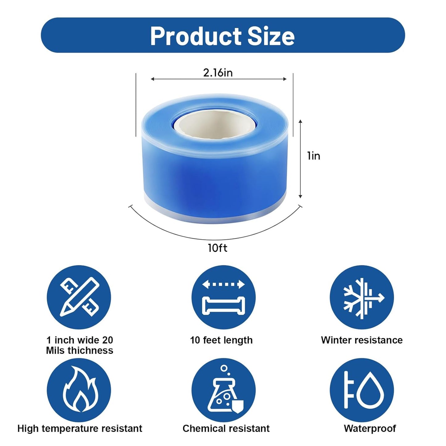 Self Fusing Silicone Tape 2 Rolls 1 in x 10' Blue Waterproof Rescue Tape Rubber Leak Silicone Self-amalgamating Tape for Plumbing, Sealing Pipes, Hose Repair, Outdoor Coax and Tool Fixation