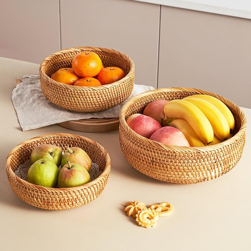 Rattan Bread Basket, Hand Woven Fruit Basket, Wicker Serving Basket Bowl, Decorative Baskets for Kitchen Counter Organizing, Set of 3 (Round)