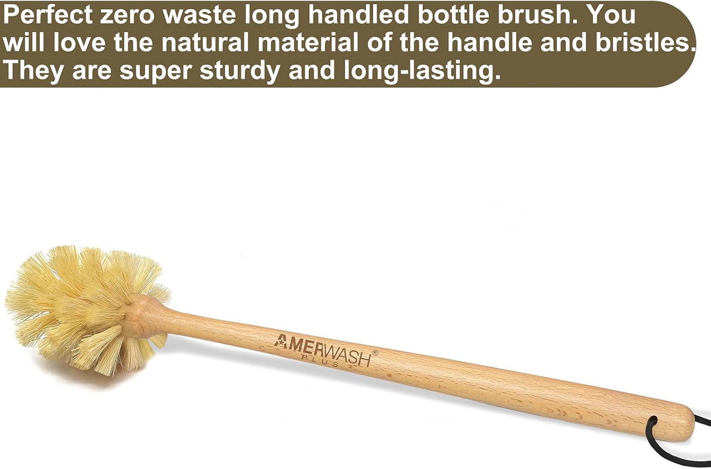 Bottle Brush with Strong Sisal Bristles, 13-3/4 Inch Long Wood Handle Hanging Design Cleaning Brush Cleans and Scrubs Wide Mouth Jars, Glasses, Vases, Mugs and Pitchers