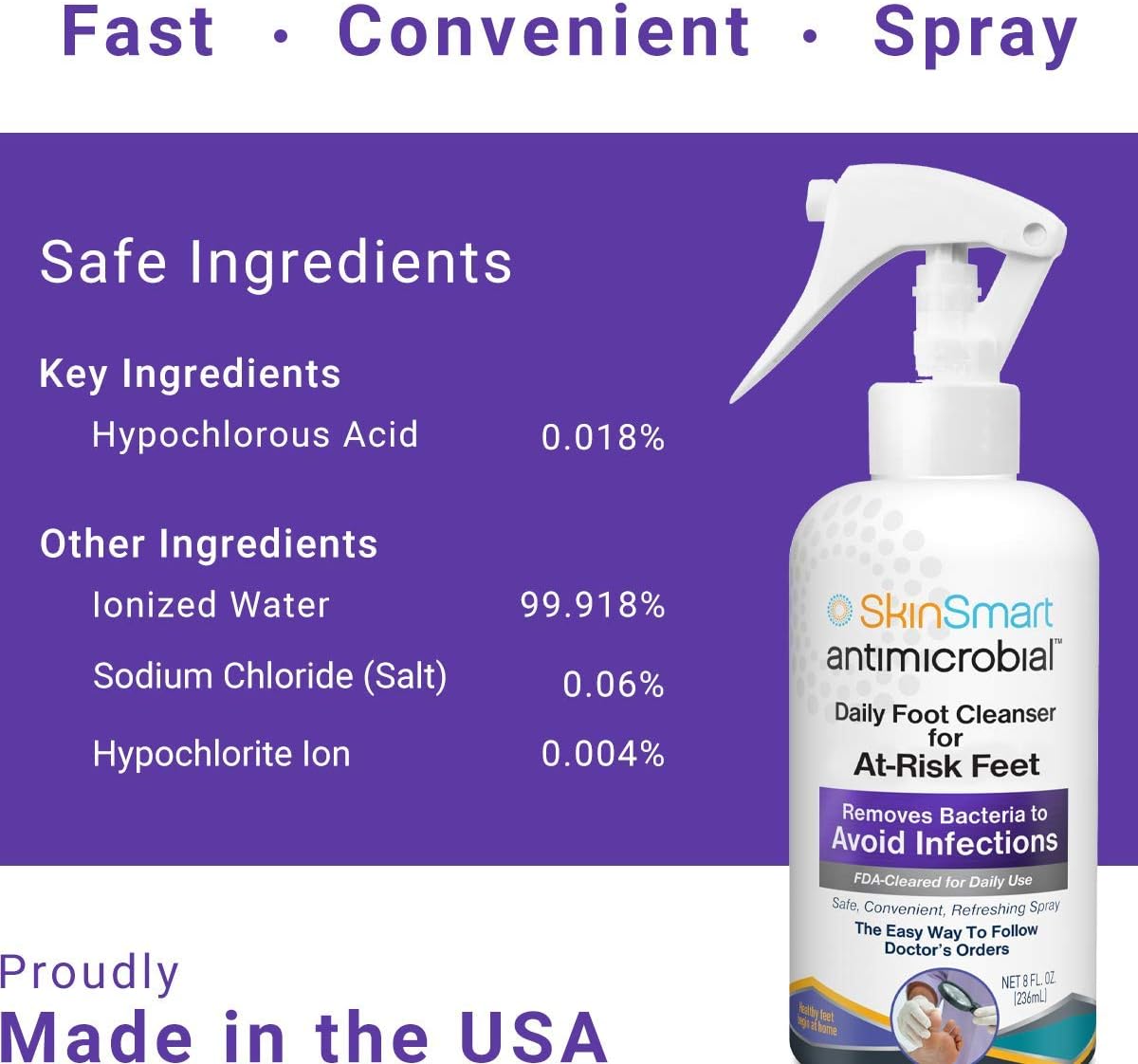 SkinSmart Daily Foot Cleanser for At-Risk Feet, Removes Bacteria to Help Avoid Infections, 8 ounce Spray