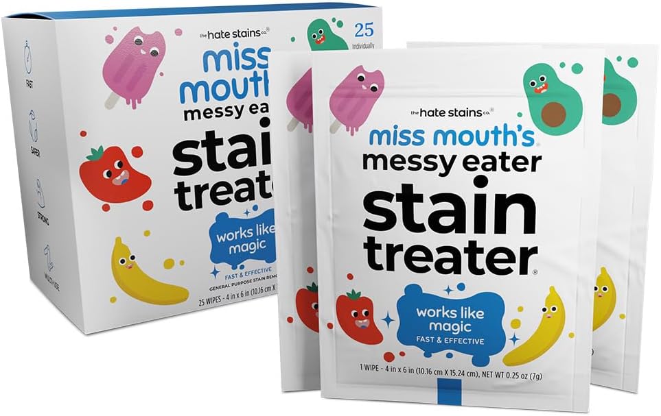 Miss Mouth's Messy Eater Stain Treater Wipes - 25 Pack Stain Remover - Newborn & Baby Essentials - No Dry Cleaning Food, Grease, Coffee Off Laundry, Underwear, Fabric