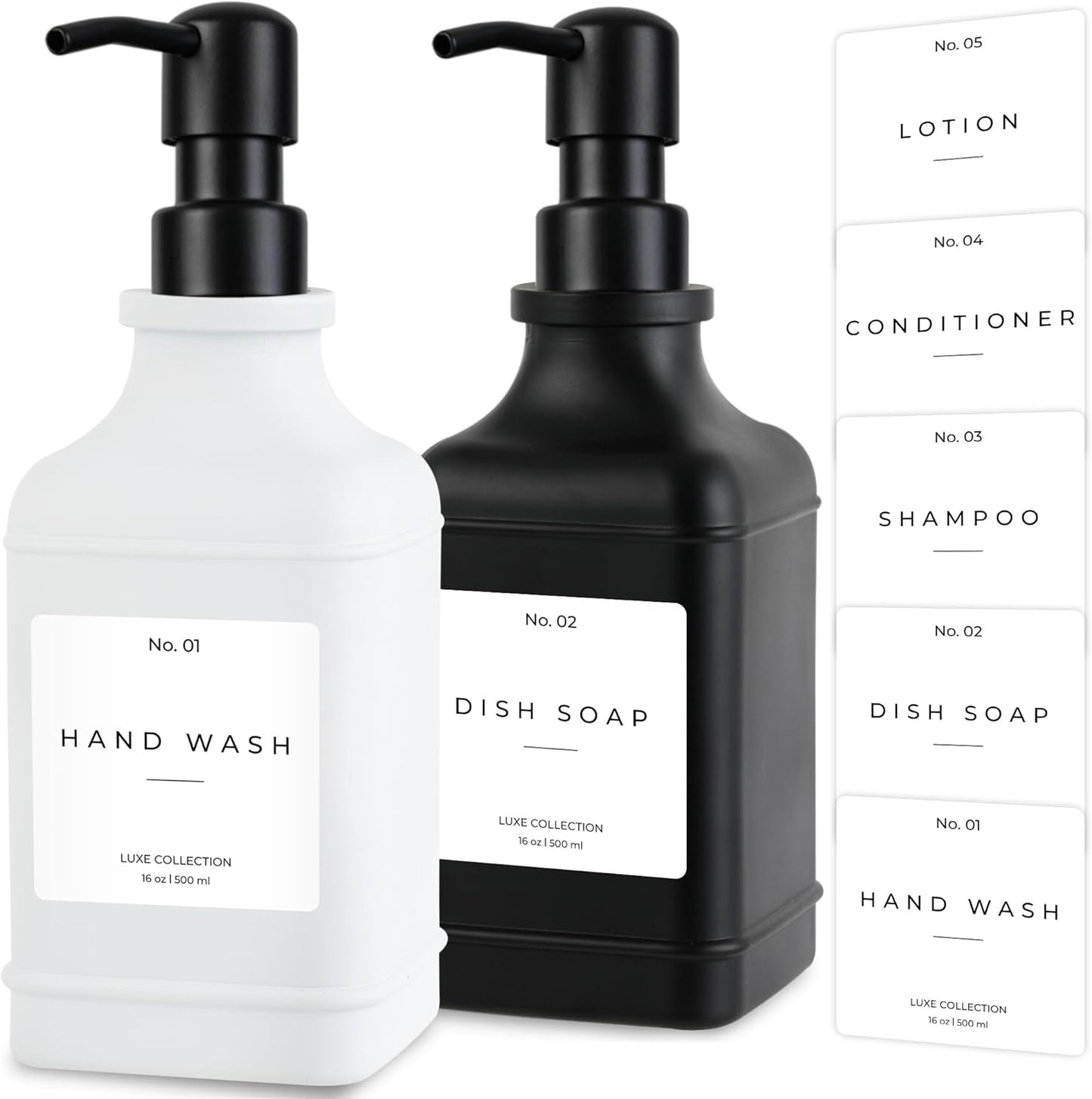 Emerson Essentials Soap Dispenser, Dish Soap Bottle Dispenser, Farmhouse Hand Soap Dispenser, Kitchen Soap Dispenser Set - Glass Soap Dispenser with Pump and Labels, 16 Oz, 2 Pack