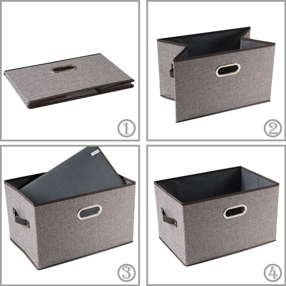 PRANDOM Larger Collapsible Storage Bins for Closet [3-pack] Decorative Linen Fabric Storage Baskets Cubes with Leather/Metal Handles for Living Room Cloth Grey and Black Trim (17.3x12.2x10.4 Inch)