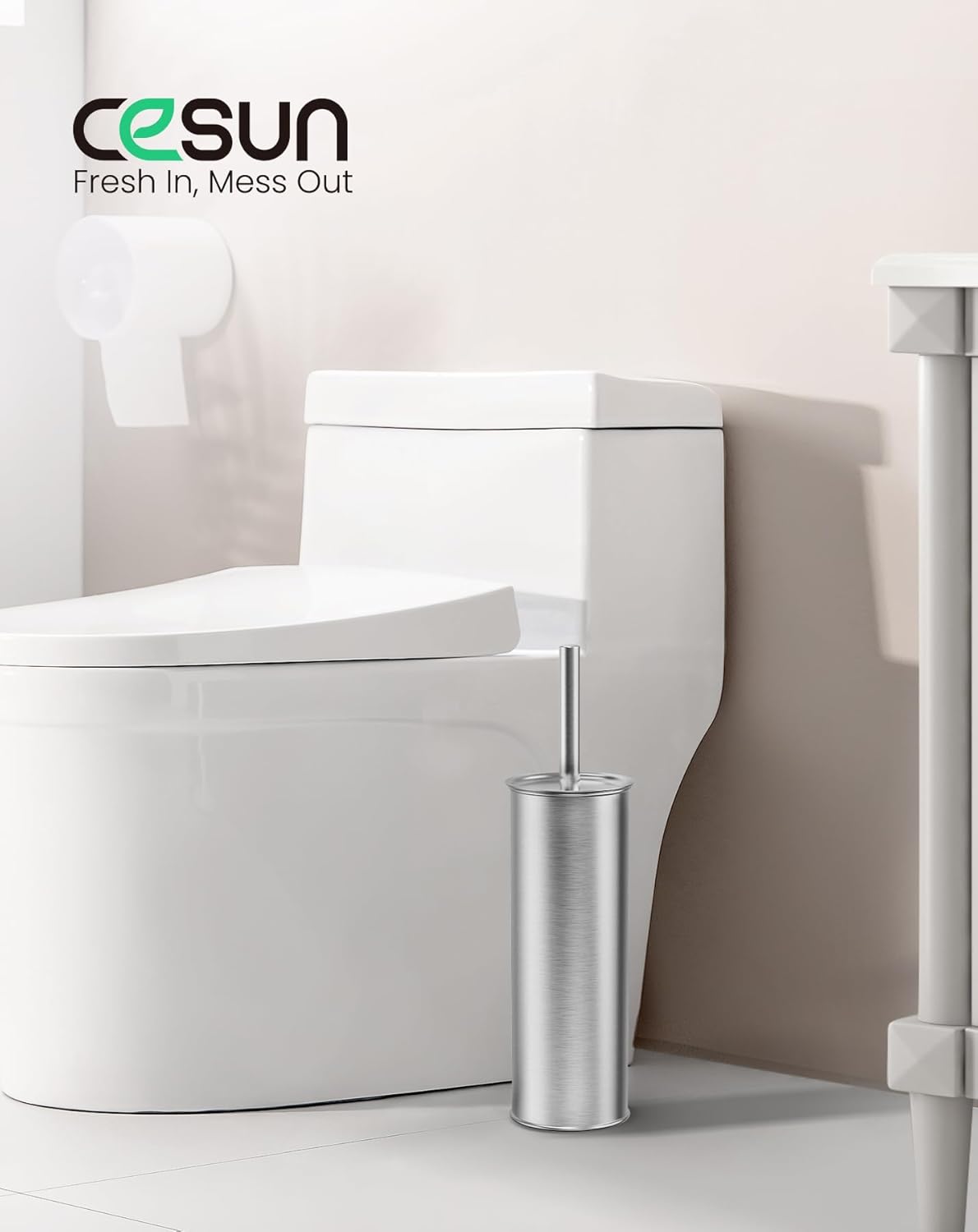 Cesun Toilet Brush and Holder Set - Curved Design Toilet Brush for Deep Cleaning Under Rim, 304 Stainless Steel Toilet Bowl Brush and Holder for Bathroom, Rv, Silver(2 Replaceable Brush Head Included)