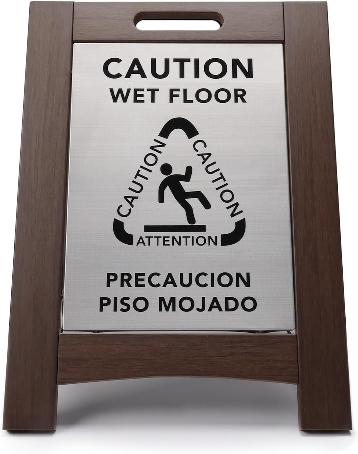 Premium Outdoor Composite Caution Wet Floor Sign – Bilingual w/Non-Skid Plastic Feet, Black Plate – For Hotels, Schools, Offices, Areas, Restrooms, Pool Decks - Brown 2 Pack