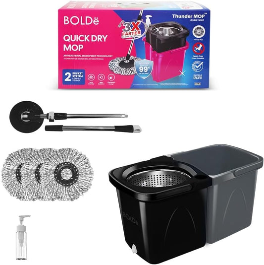 Thunder Mop Spin System - 2 Compact Stackable 6L Buckets, Microfiber Head, Stainless Steel Wringer, Antifungal Quick-Dry Cleaning, Soap Dispenser, 3 Free Refills (Black/Grey)