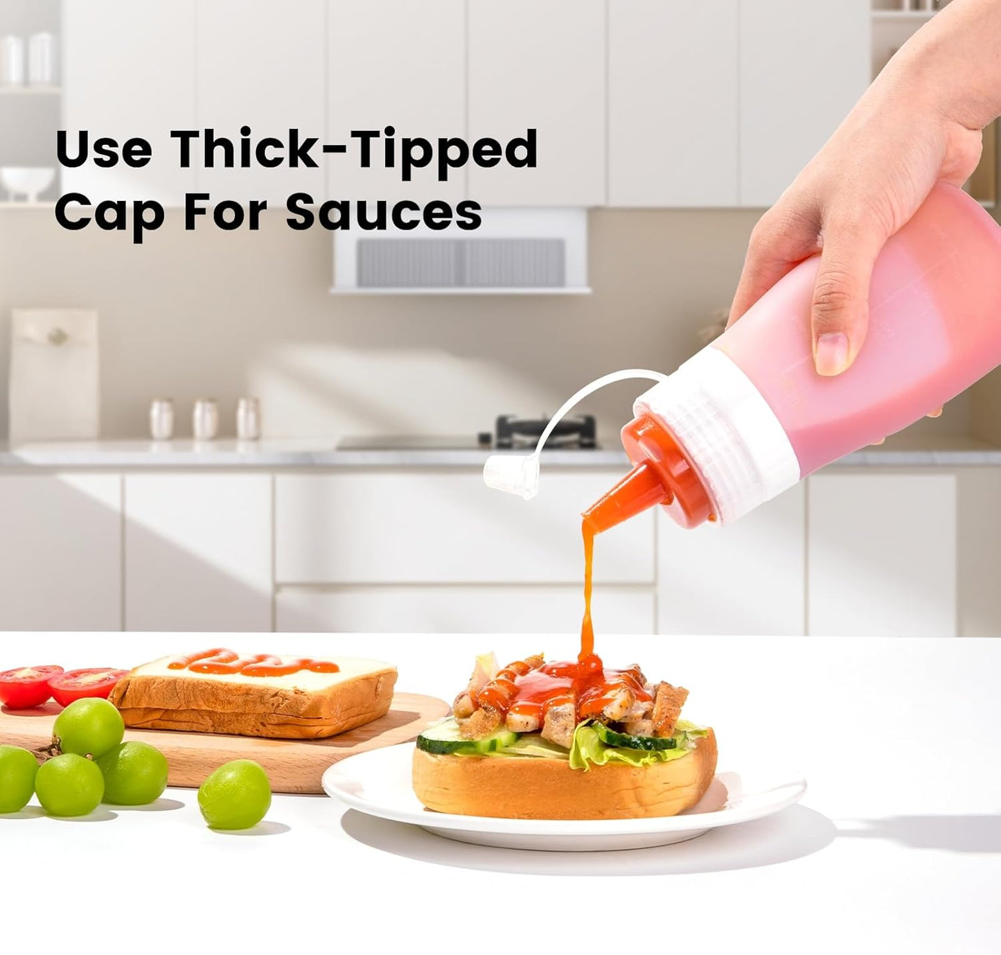 Condiment Squeeze Bottles, 12 oz Silicone Squeeze Bottles For Sauces, Leak Proof Condiment Containers with Extra Interchangeable lid, Easy Squeeze for Oil, Honey & Dressings, BPA FREE (4 Pack)