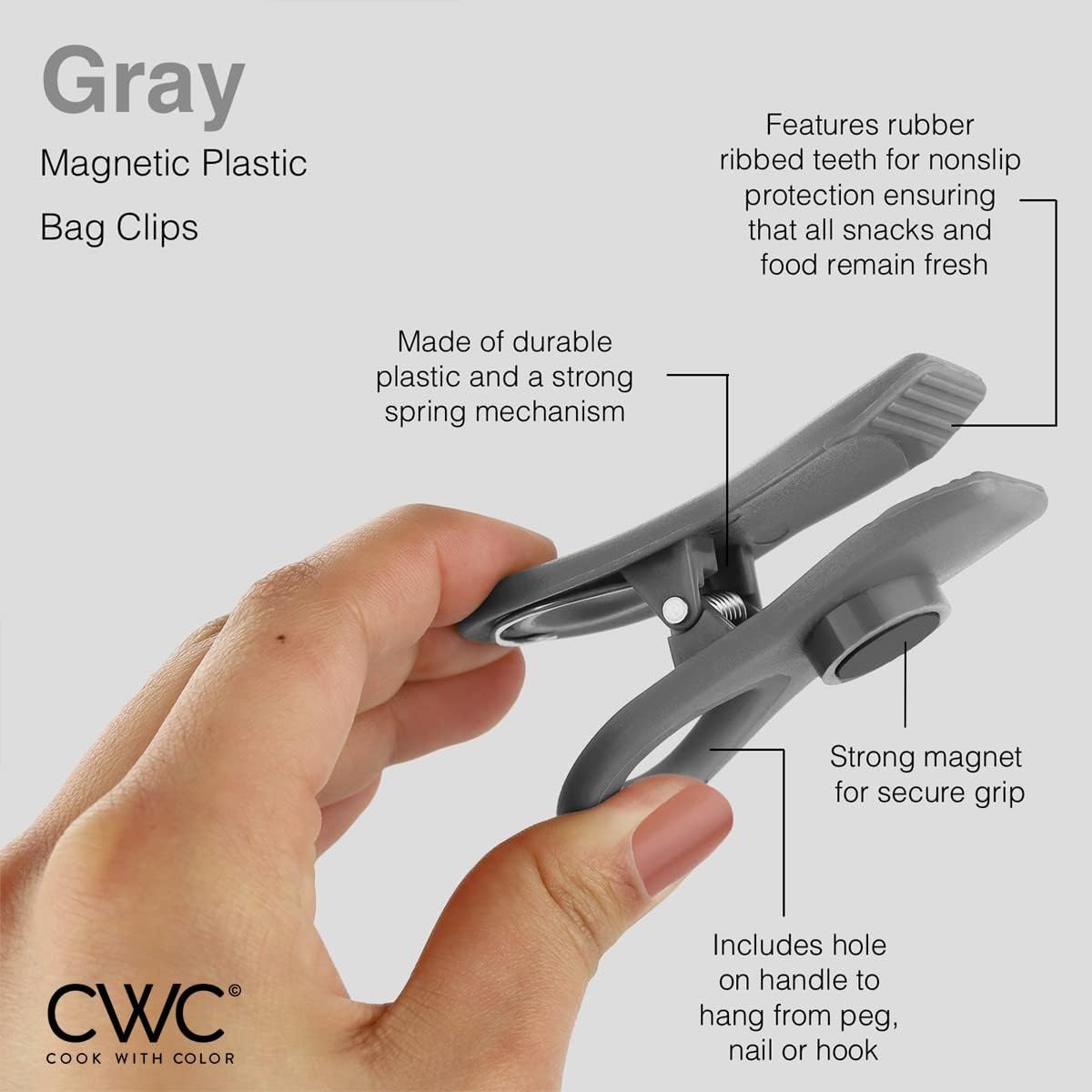 COOK WITH COLOR Bag Clips - Heavy Duty Chip Clip and Refrigerator Magnet Clips for Food Storage with Air Tight Seal Grip, Grey, Pack of 8