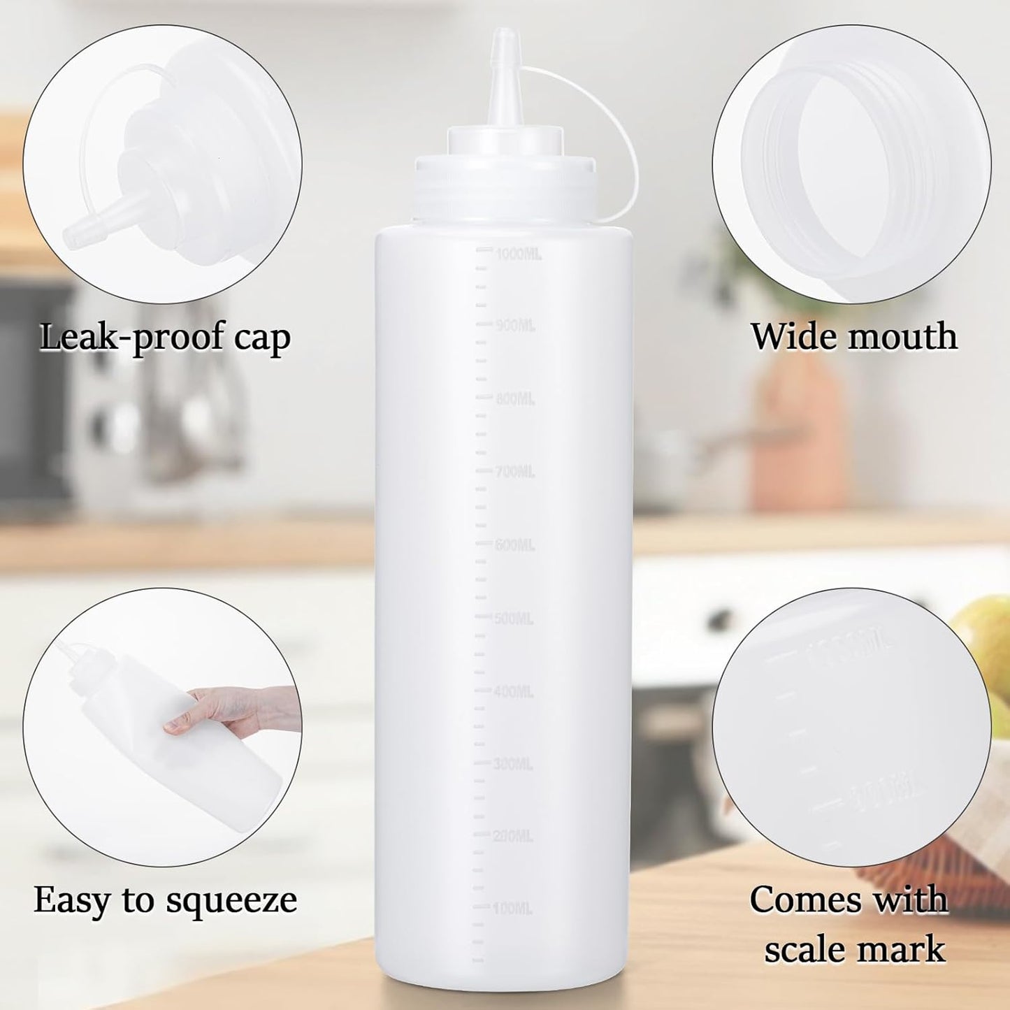 Condiment Squeeze Bottles Ketchup Dispenser, 4 Pack 32oz Squeeze Bottles for Liquids, Plastic Sauce Bottle with Cap Lid, Squirt Bottles for Sauces Liquids BBQ Dressing Pancake Art