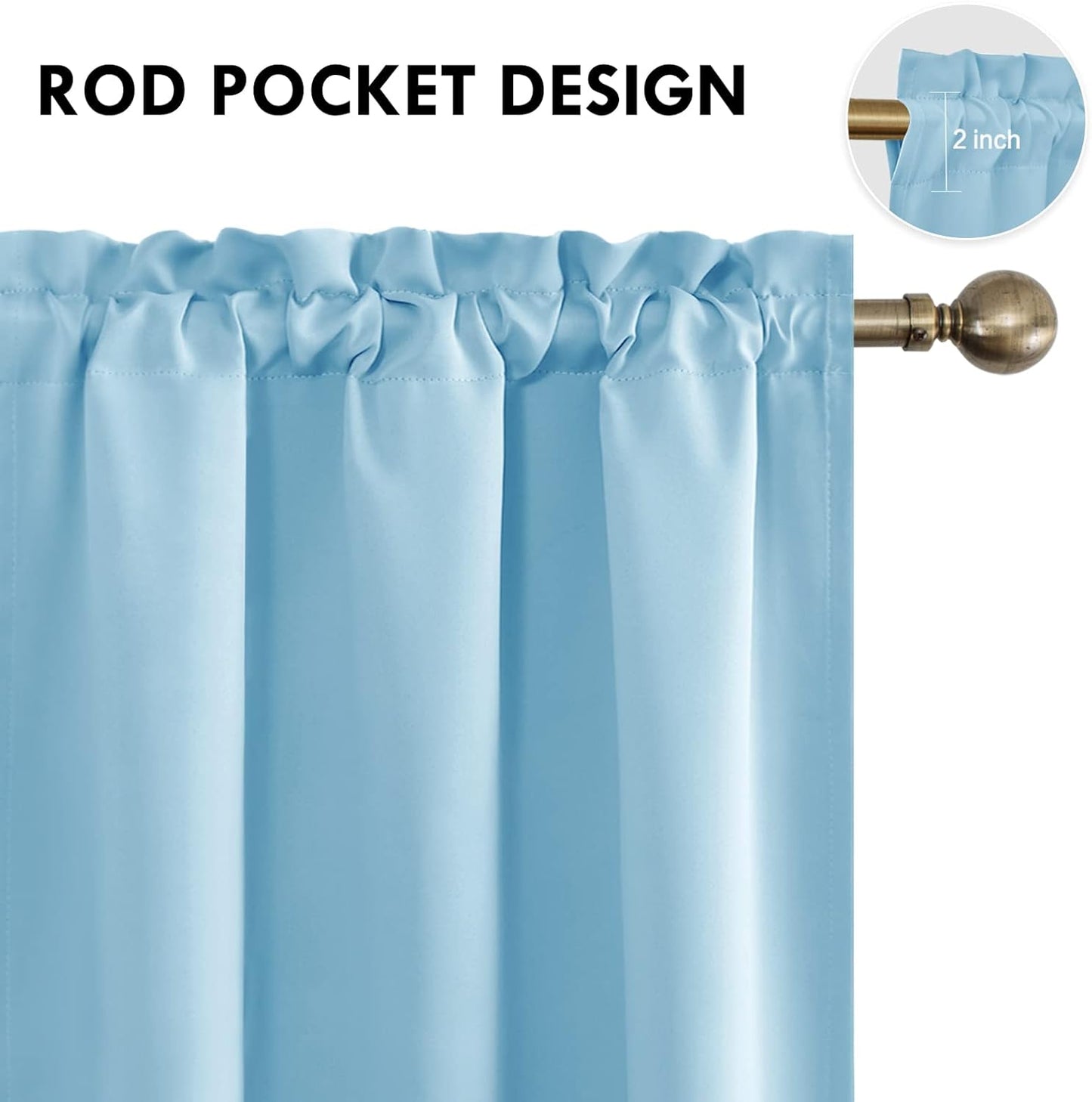 DWCN Blackout Curtains – Thermal Insulated, Energy Saving & Noise Reducing Bedroom and Living Room Curtains, Light Blue, W 42x L 63 Inch, Set of 2 Rod Pocket Curtain Panels