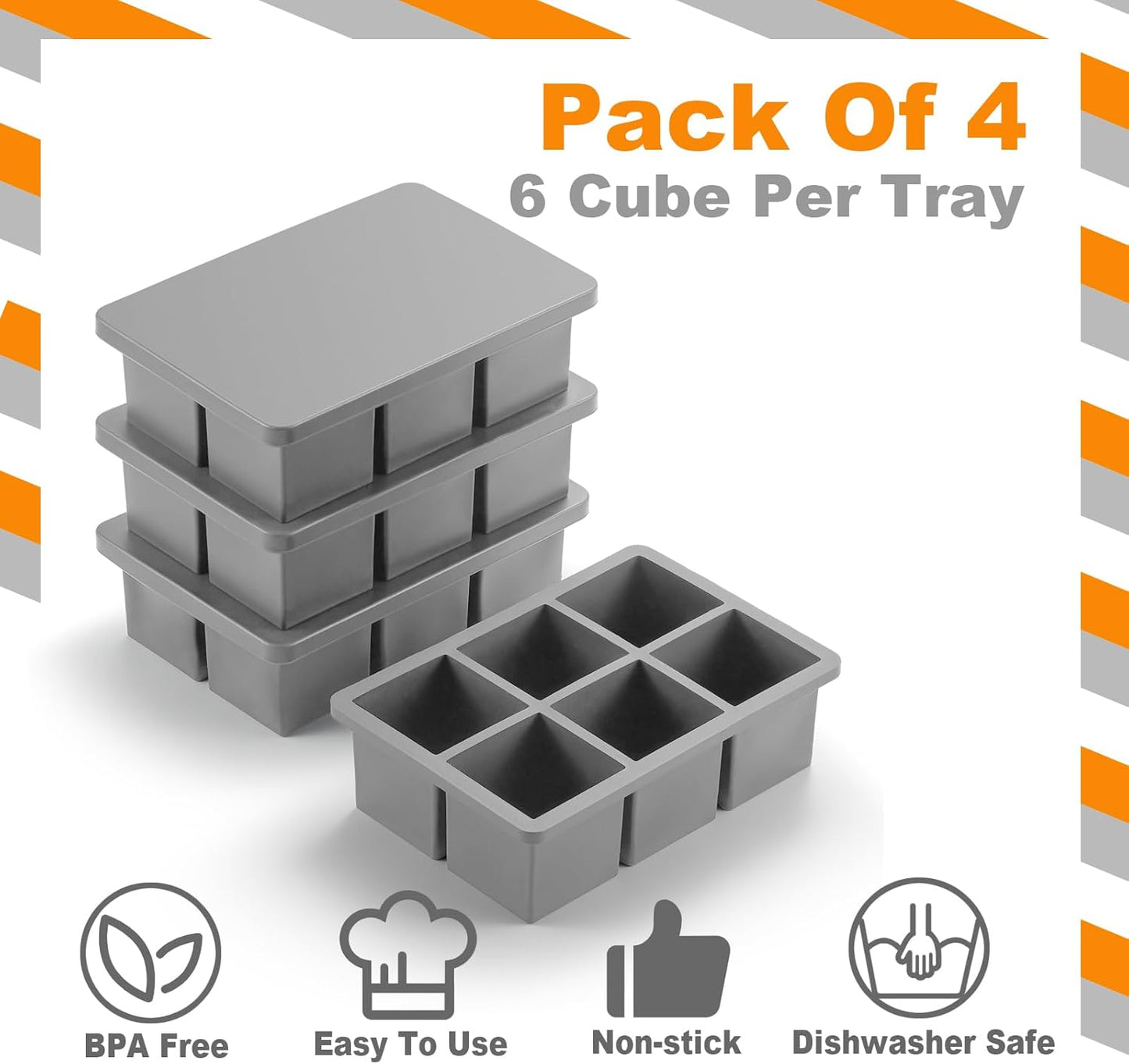 Nax Caki Silicone Large Ice Cube Trays with Lid Pack of 4, Stackable Big Square Ice Cube freezer Molds for Whiskey Cocktails Bourbon Soups Frozen Treats