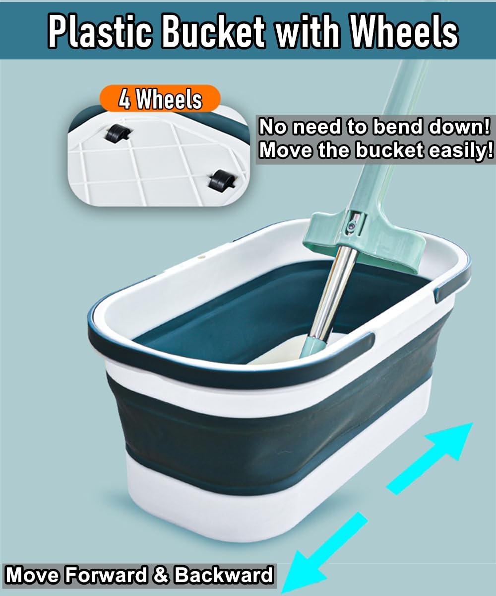 Collapsible Mop Wash Basin Bucket with Handle and Wheels, 12L (3.2 Gallon) Portable Plastic Basket Crate Tub for Storage Organization, Foldable Water Bin Container for Cleaning, Car Washing, Blue