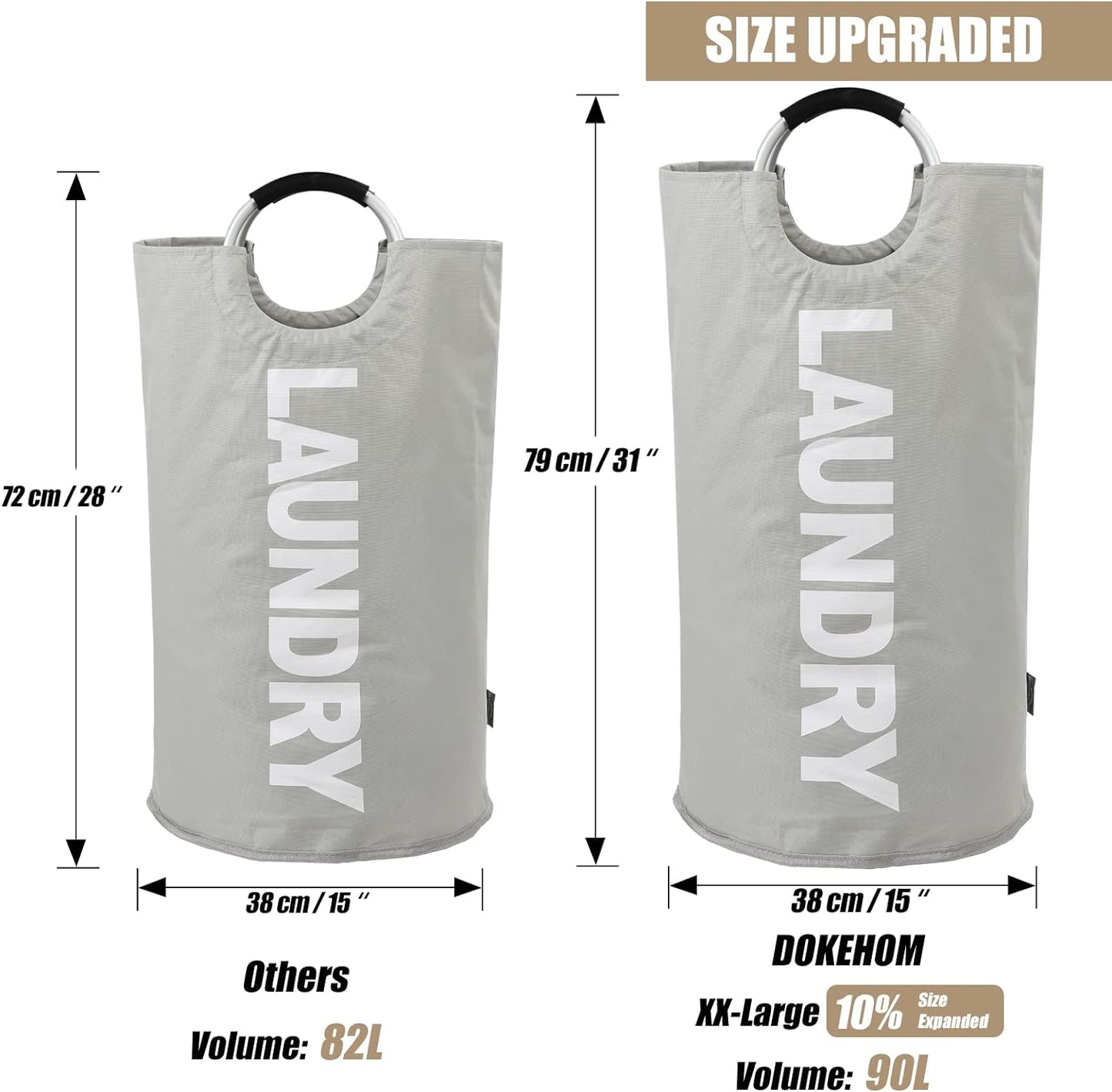 DOKEHOM 90L Large Laundry Basket, Collapsible Laundry Bag, Freestanding Tall Clothes Hamper, Foldable Washing Bin (Grey)