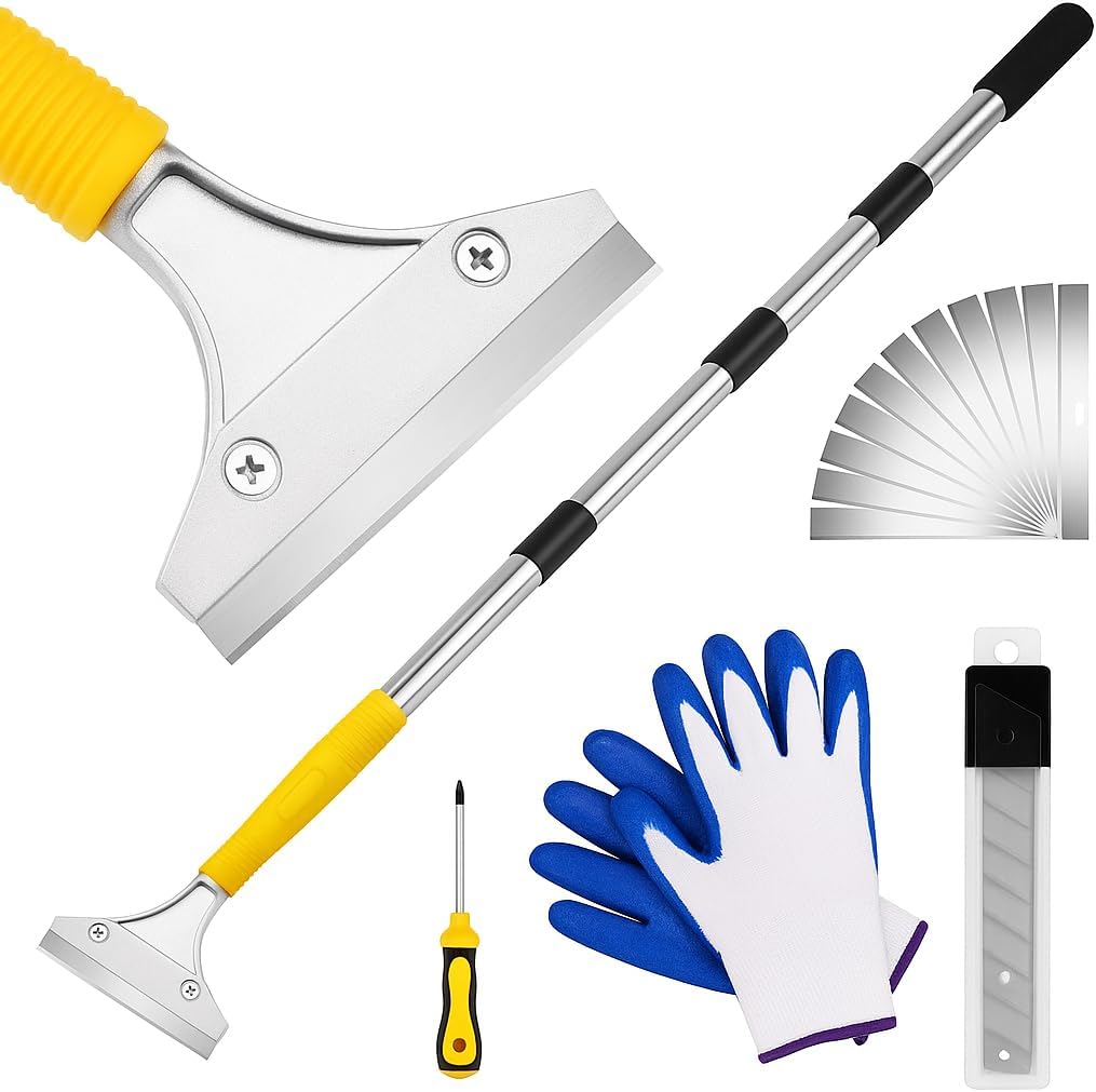 DIYSELF Scraper Tool 5.4ft (65in) Adjustable Floor Scraper Long Handle Heavy Duty Paint Scraper 4 Inch Razor Blade Scraper for Windows Glass Cleaning Shower Gum Tile Scraper Ceiling Scraper