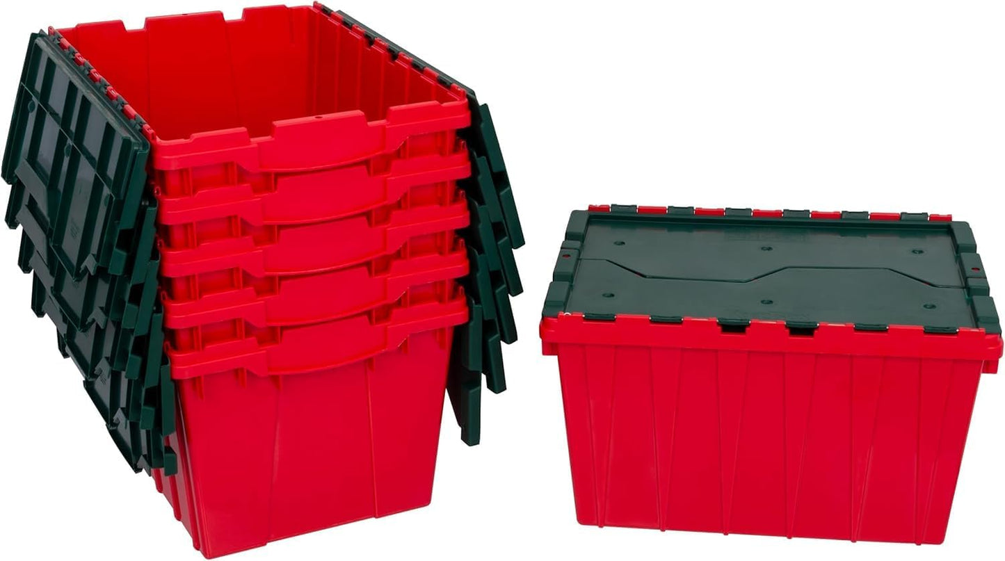 Akro-Mils KeepBox 12 Gallon Storage Container, Nesting and Stackable Plastic Storage Box with Lid Attached, Clear Tote for Garages, Closets, and Moving, 21-1/2" x 15" x 12-1/2", Red/Green, 6-Pack