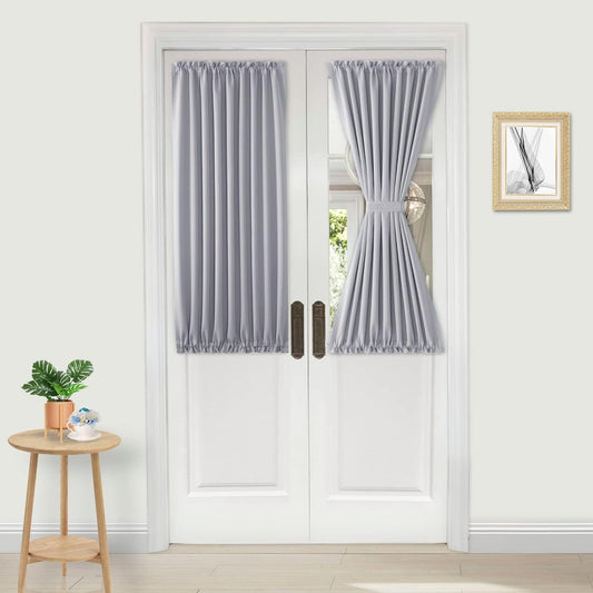 DWCN French Door Curtains – Rod Pocket Thermal Blackout Curtain for Doors with Glass Window, Kitchen and Patio Doors for Privacy, 25 X 40 Inches Long, 1 Curtain Panel with Tieback,Silver Grey