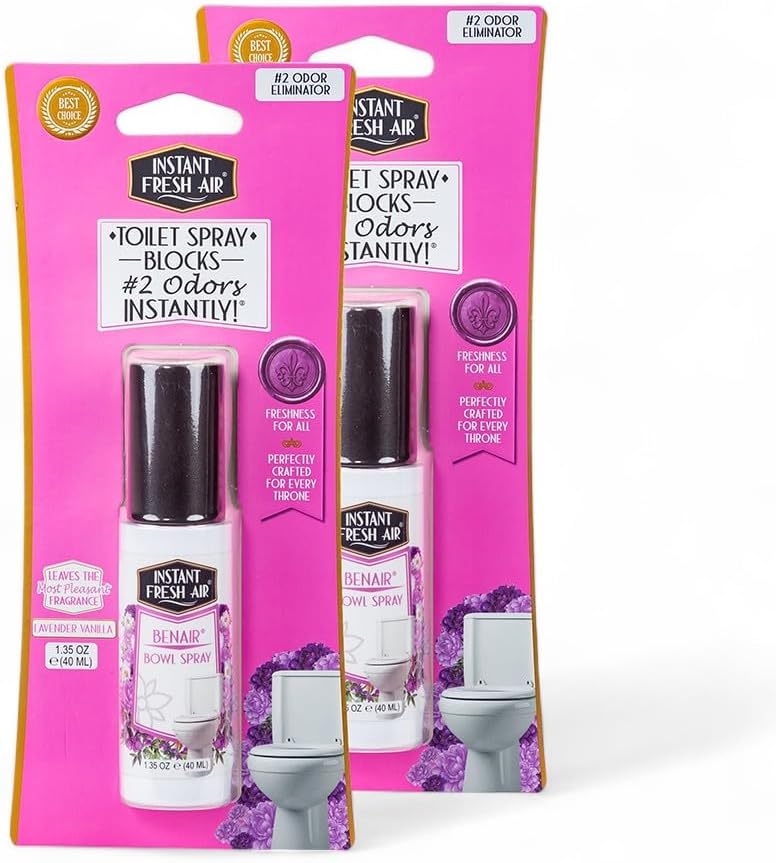 2-Pack: Superior Toilet Spray with Instant Odor Elimination, Lavender Vanilla Fragrance, Odor Eliminator Bathroom Spray, Travel Size, Long-Lasting, Eco-Friendly, 1.35 Oz. - INSTANT FRESH AIR