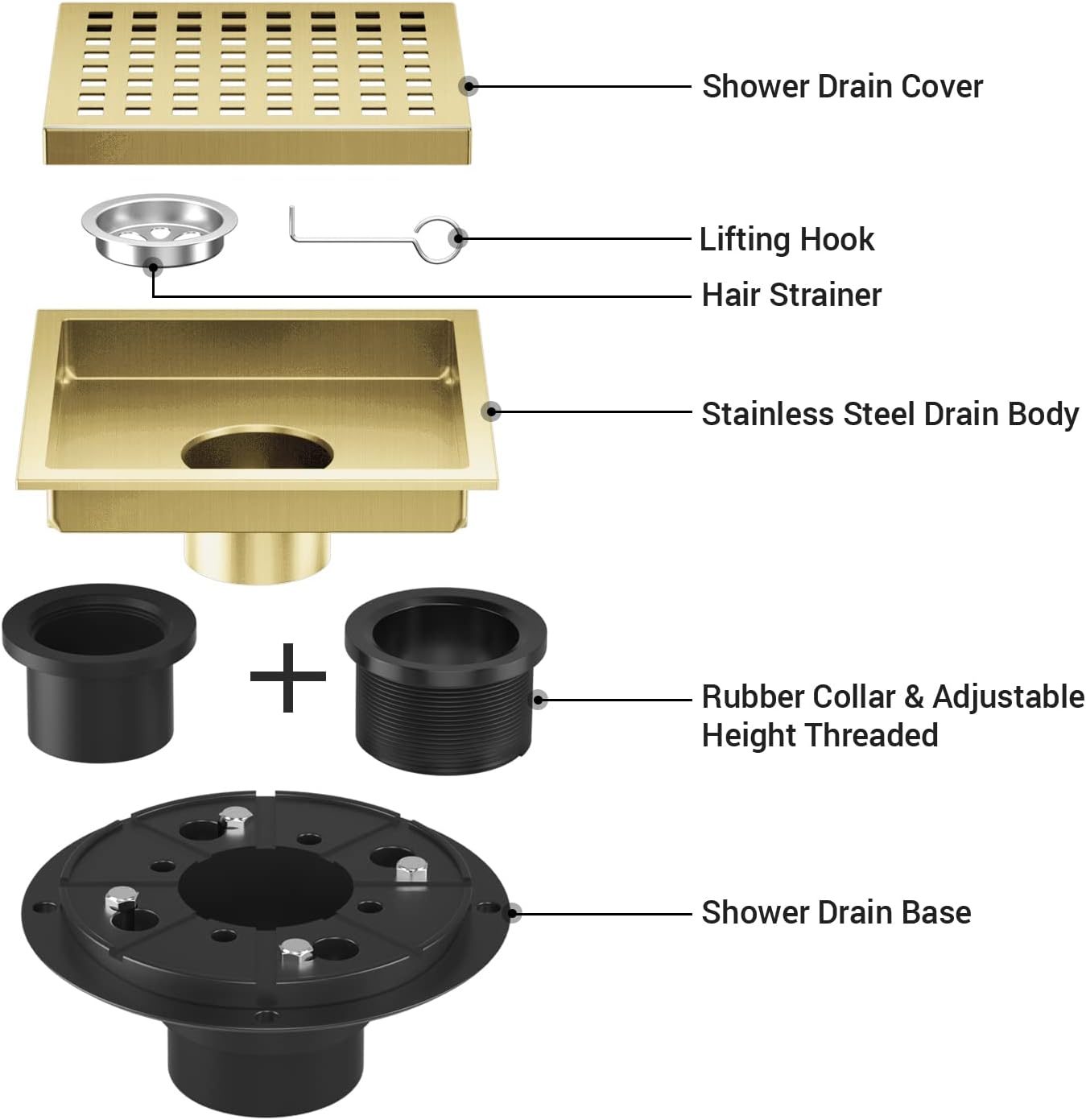 Shower Drain Brushed Gold 6 Inch, Square Floor Drain, Stainless Steel Drain Kit with Flange, Removable Grid Cover, Hair Strainer