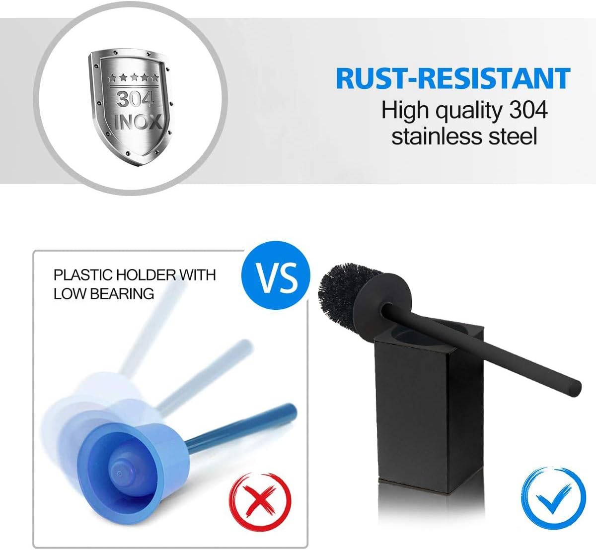 Toilet Brush Holder Stainless Steel 304 Standing Black Square Toilet Brush Holder for Bathroom Storage and Organization (Black)