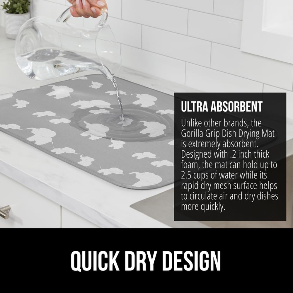 GORILLA GRIP Ultra Water Absorbent Microfiber Dish Drying Mat, 18x24, Quick Dry Thick Mesh, Slip Resistant Pad for Sink Dishes or Under Rack, Kitchen Counter Accessories, Machine Wash Mats, Elephants