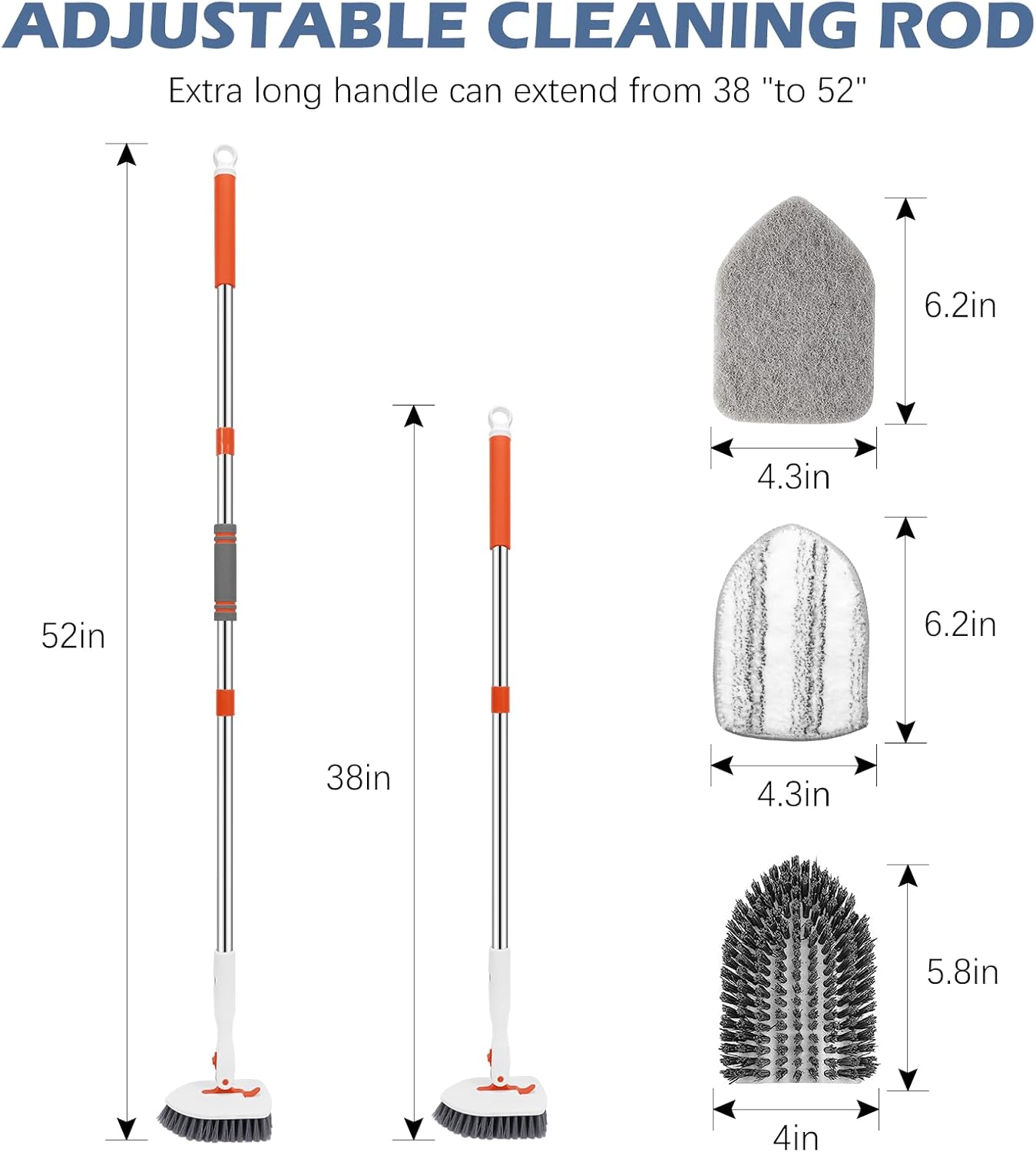 SetSail Floor Scrub Brush, 3-In-1 Tile Tub Floor Scrubber with 52-inch Adjustable Long Handle Shower Cleaner and 3 Detachable Replacement Brush Heads for Cleaning Bathroom Kitchen Walls Tub Tile
