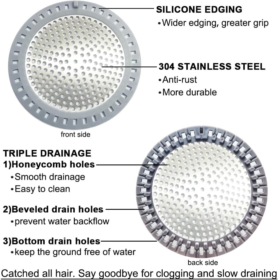 2PCS Shower Drain Hair Catcher, Shower Drain Strainer, Stainless Steel with Silicone Edging, 4.75 Inch Diameter