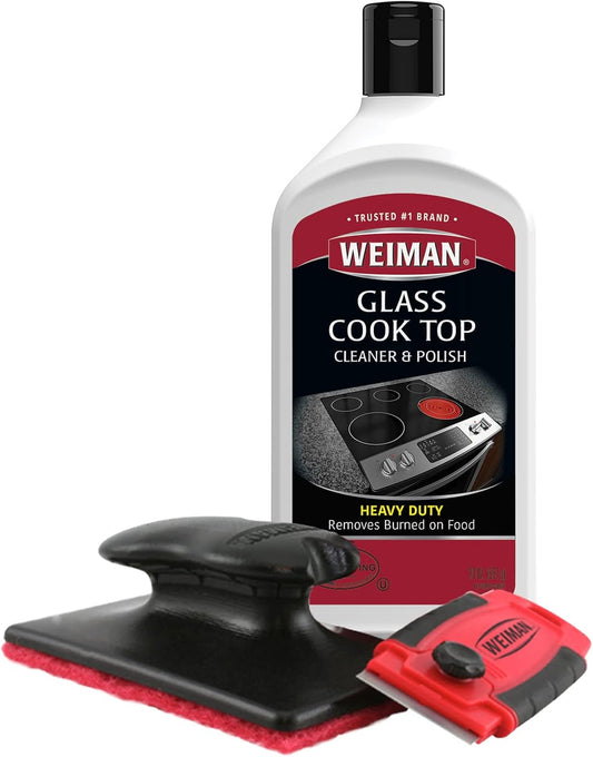 Weiman Glass Cooktop Cleaner Kit - Remove Burned on Food, Grease & Grime and Polish Stovetop, Ceramic & Induction, Streak Free, Cleaning Supplies, 20 Oz, Scrubbing Pad, Razor Scraper