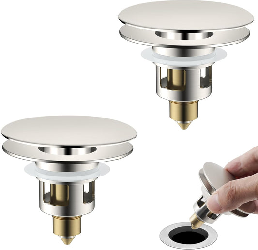 Universal 2PCS Bathroom Sink Stopper 2 in 1 Pop Up Metal Sink Drain Strainer with Hair Catcher, Fit for 1.1~2.36" Sink Basin Hole, Big Cover Cap, Anti-clog, Brushed Nickel