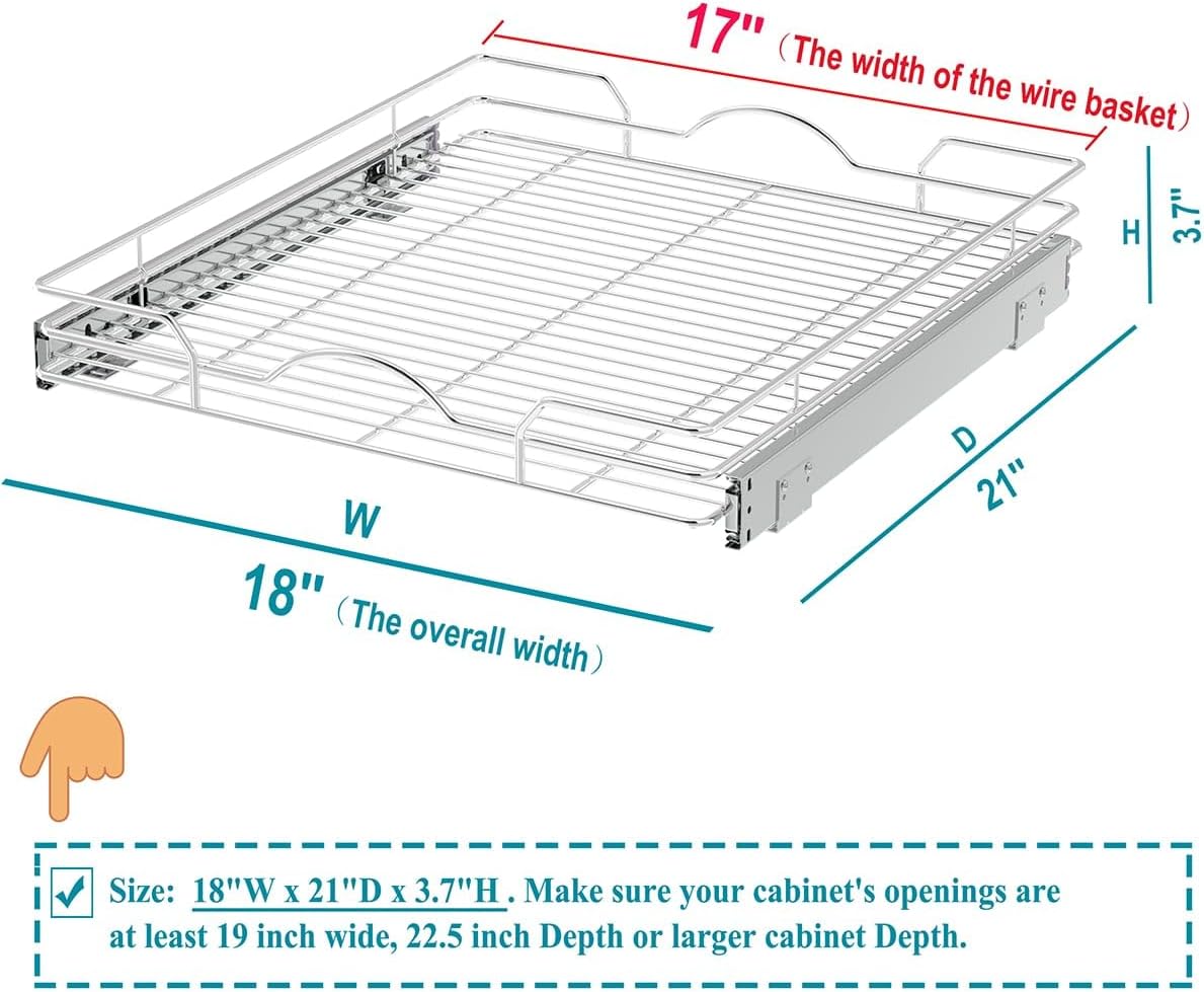 OCG Pull Out Cabinet Organizer (18" W x 21" D), Pull out Drawers, Cabinet Pull Out Shelves for Base Cabinet Organization in Kitchen Bathroom Pantry, Bottom Mount, Chrome Finish