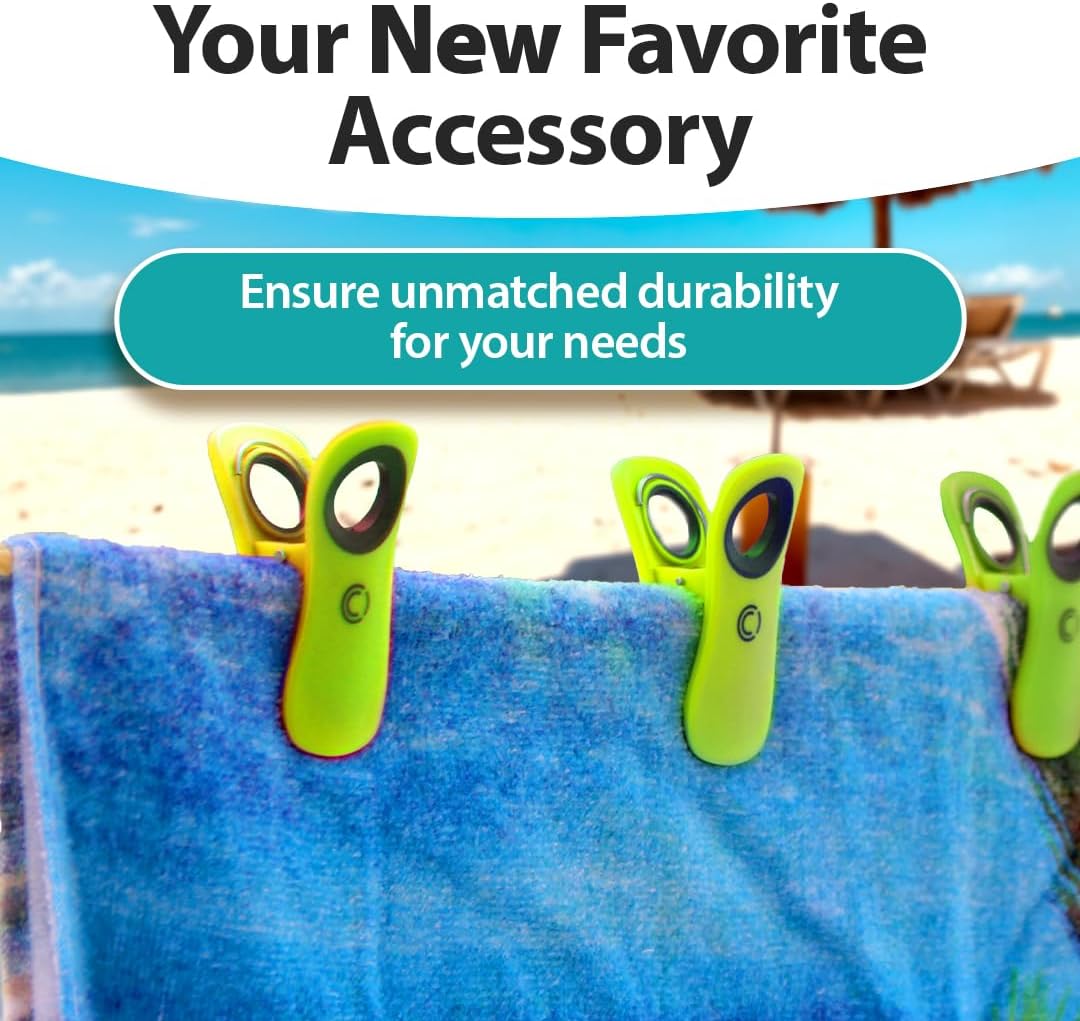 CoreClips Towel Clips for Beach Chairs - Set of 4 Pool Towel Holder Clips for Lounge Chairs on Cruise, Large 2.5” Opening Heavy Duty Clip for Towels on Boat Loungers with Travel Pouch - Green