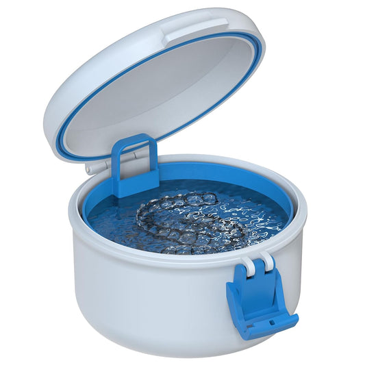 BVN Leak-Proof Denture Bath Cup for Travel, Denture Cup for Soak Dentures, Retainer Cleaning Case with Strainer (White + Blue)