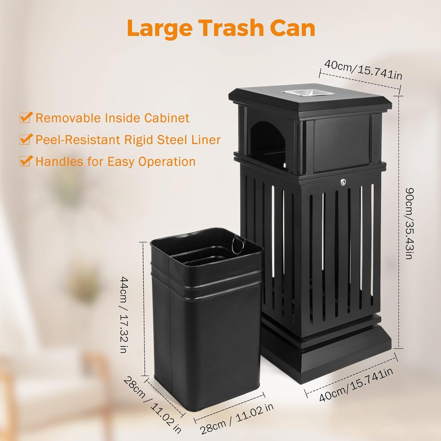 BEAMNOVA Trash Can Outdoor Top Tray Matte Black Stainless Steel Commercial Garbage Enclosure with Locking Lid Heavy Duty Industrial Yard Garage Waste Container, 35.5 * 15.8 * 15.8 in
