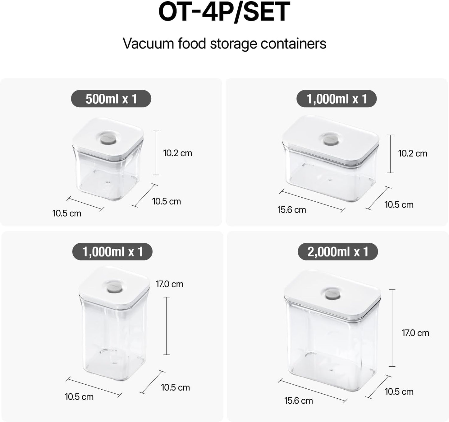 VAKUEN Premium Airtight Food Storage Containers 4-piece/Set, BPA Free, 100% Leak Proof, Keep food fresh up to 5 times longer than non-vacuum storage