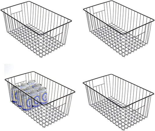 16inch Freezer Wire Storage Organizer Baskets, Household Refrigerator Bin with Built-in Handles for Cabinet, Pantry, Closet, Bedroom Black,4pack