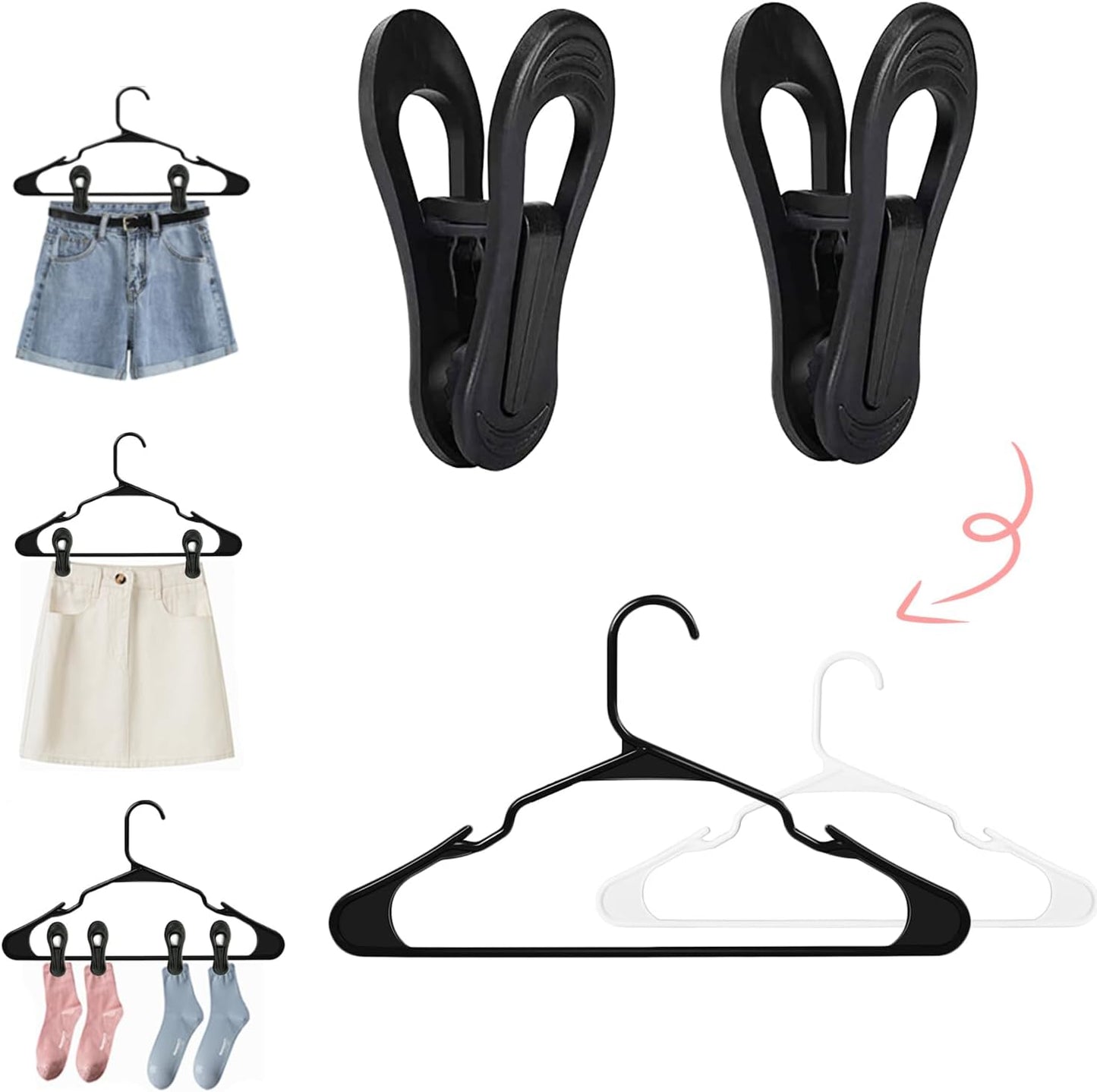 Black Hanger Clips 30 PCS, Plastic Hangers Clips Perfect for Plastic Velvet Hangers, Multi-Purpose Clothes Pins Finger Clip for Skirt Pants Hanger