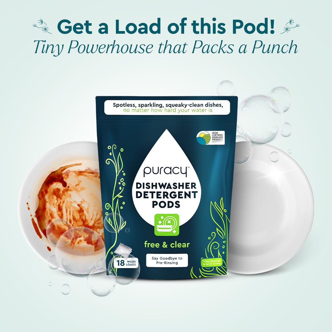 Puracy Dishwasher Pods, Natural Dishwasher Detergent, Free & Clear Dish tabs - Enzyme-Powered, Spot & Residue Free - TikTok Trend Items, Must Haves from TikTok Made Me Buy It (Free & Clear, 18 Count)