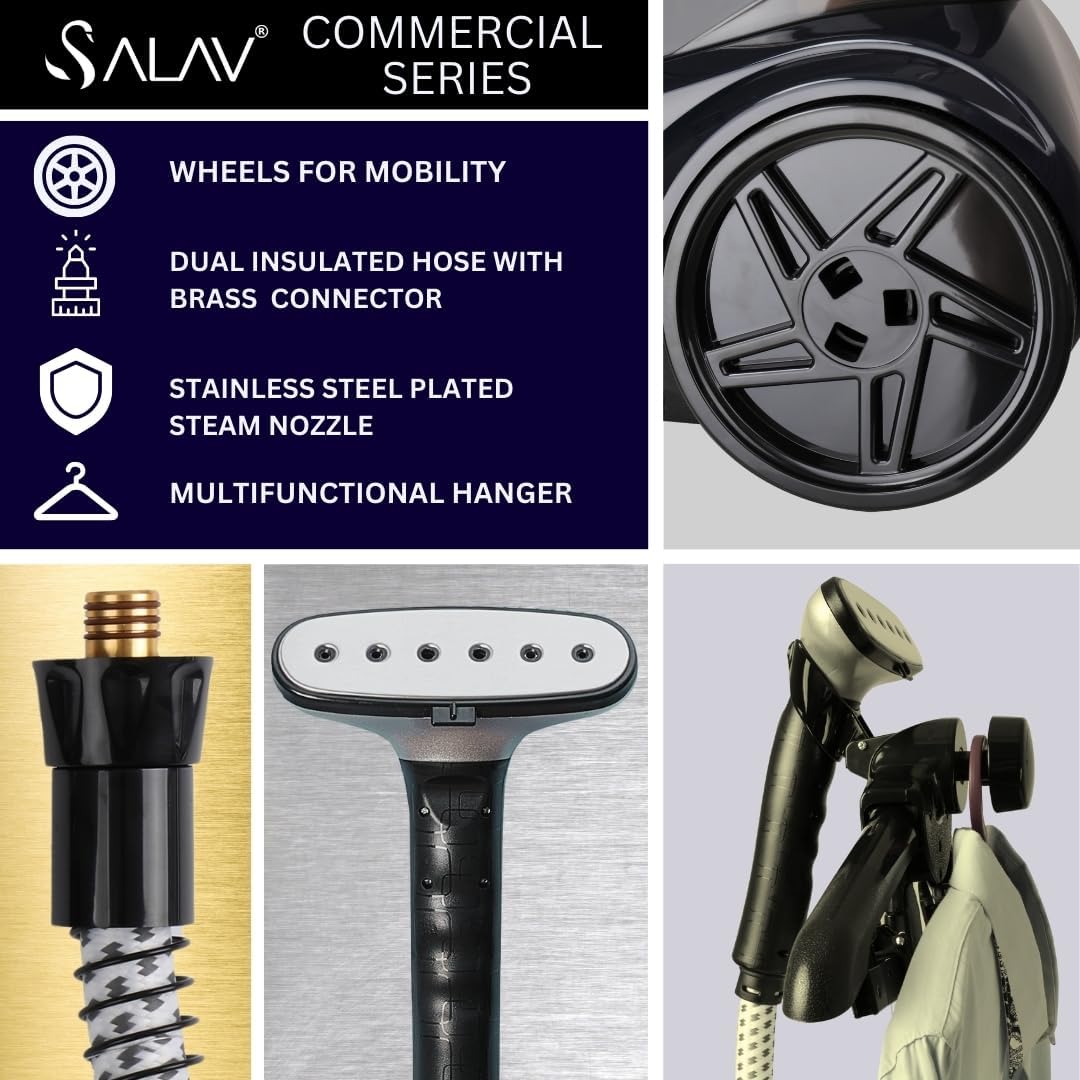 SALAV Heavy Duty Commercial Full-Size Garment Steamer with Foot Pedals and Extra Large 3L (101.5 oz) Water Tank, 1800 watts of Poweful Steam (Navy)