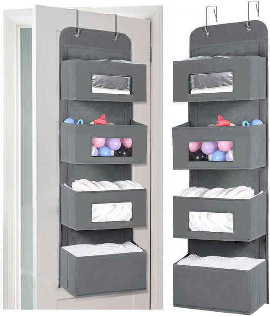 MAX Houser 4-Shelf Over The Door Hanging Organizer with 2 Metal Hooks,4 Pocket Over The Door Wall Mount Storage with Clear Windows for Baby Nursery Bathroom Closet,Bedroom,Dorm,Diapers,Kids Toys(Gray)