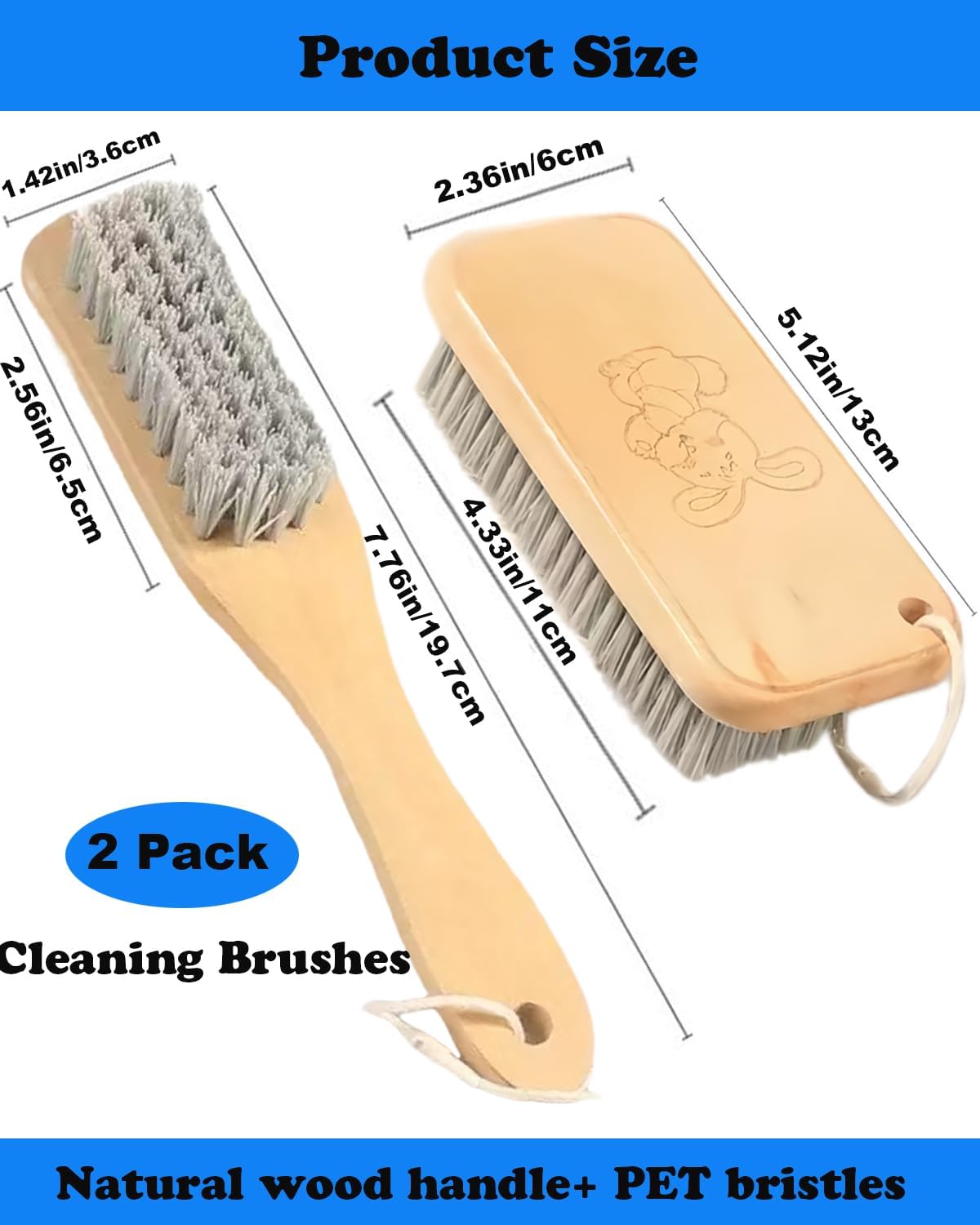 Scrub Cleaning Brush for Stains -Wood Handle Scrubbing Brushes,Cleaning Scrubber Brush for Fabric,Carpet,Clothes,Bathroom,Long Handle Cleaner Brush for Sneakers, Tennis, Canvas & More-2Pack